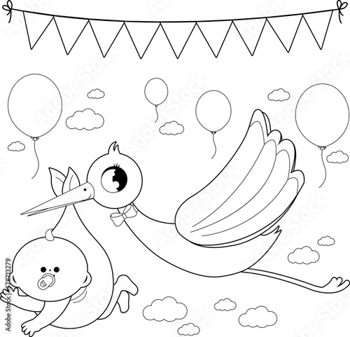 A stork flying in the sky and delivering a cute newborn baby. Vector black and white coloring page
