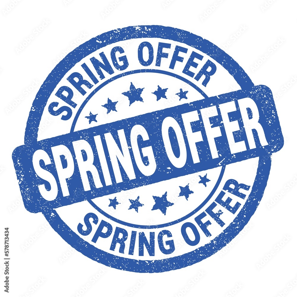 SPRING OFFER text written on blue round stamp sign. SPRING OFFER text written on blue round stamp sign.