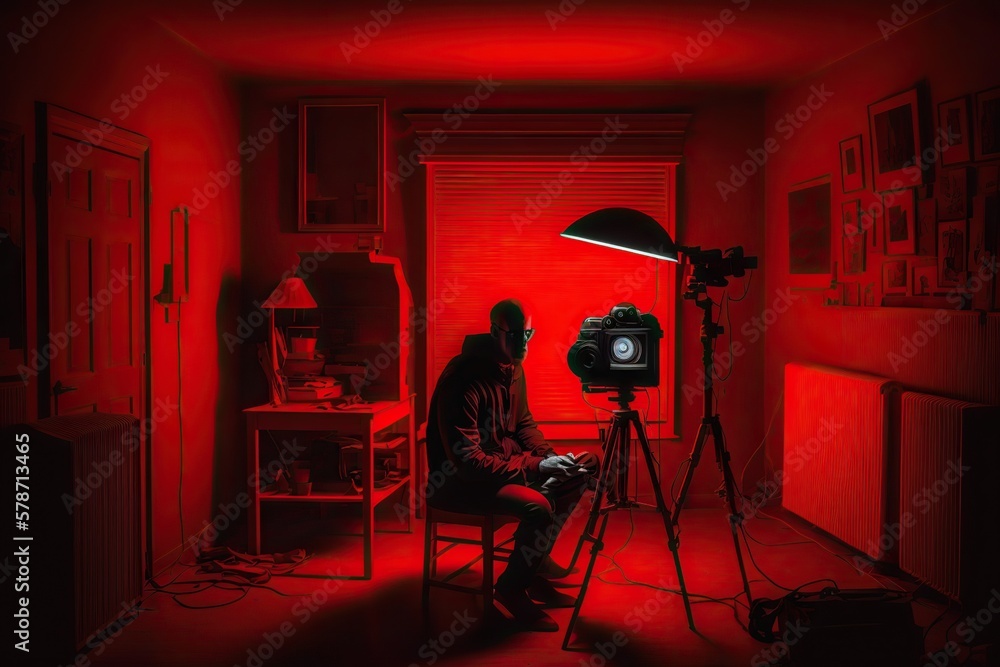 Dark room photographer for developing photos under red light, concept