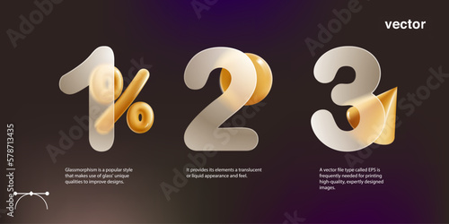 Business process chart infographics with 3 step with golden percentage sign in glassmorphism style.