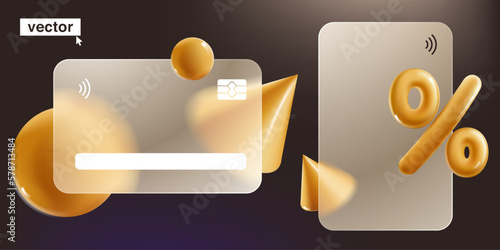 Banking card template with golden percent sign. Digital payment screen in glassmorphism style.