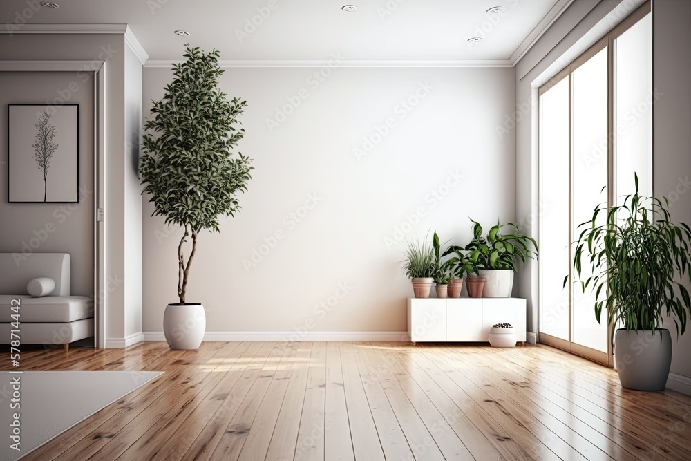 Potted plants decorate an empty living room with white walls and wooden floors. Generative ai Potted plants decorate an empty living room with white walls and wooden floors. Generative ai