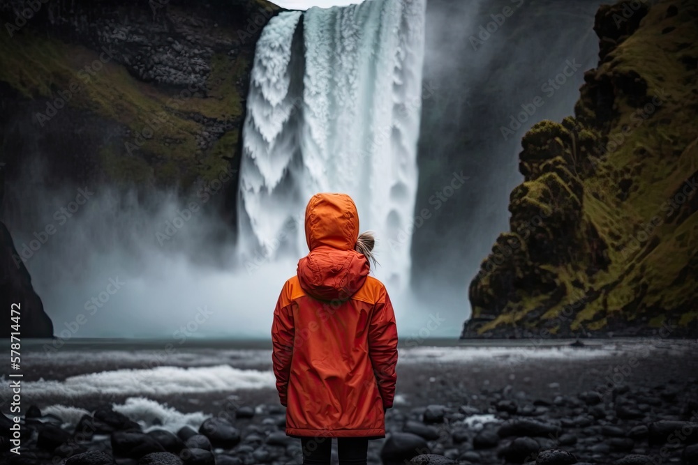 A woman in a bright colorful jacket stands and looks at a waterfall in Skogafoss, Iceland. Generative ai