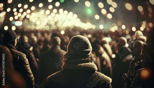 Human back, first-person view in crowd of people, insanely detailed photography, ultra-modern colored lights with blurred and bokeh. Background for advertising. photo