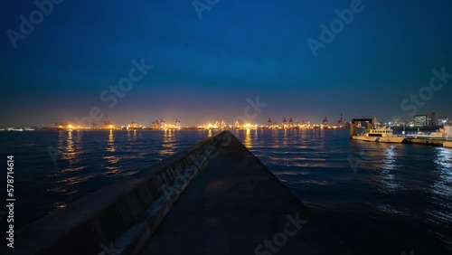 A dusk timelapse of cityscape near the container port in Tokyo wide shot tilt photo