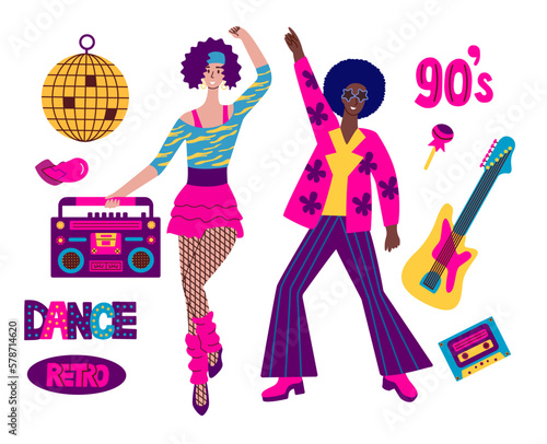 Guy and girl dressed in the style of the 90's dancing at a disco.