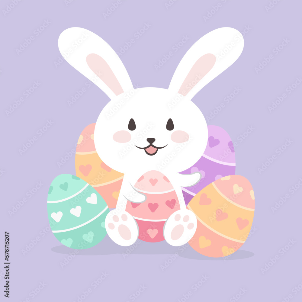 Happy easter rabbit holding painted heart shape pattern eggs illustration.