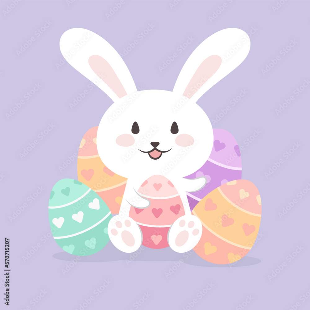 Happy easter rabbit holding painted heart shape pattern eggs illustration. Happy easter rabbit holding painted heart shape pattern eggs illustration.