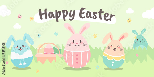 Happy Easter rabbit egg cartoon celebration holiday egg hunt party invitation card banner poster design illustration vector. Soft pastel color.