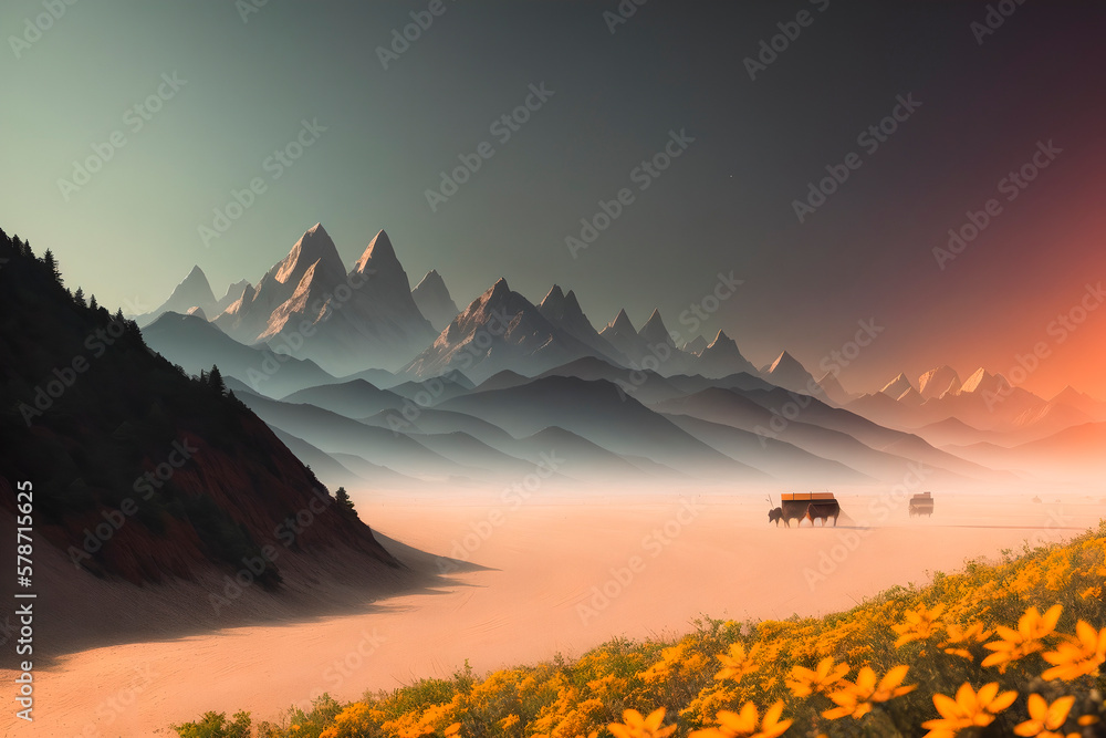 landscape illustration with mountain. Generative ai