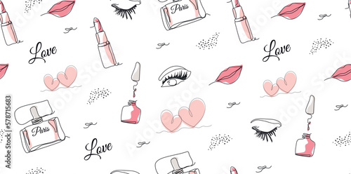 Elegant one-line seamless background with the image of fashionable elements. eye, lips, heart, a dot in a minimalist style.  illustration for print, paper, banner. line of art. fashion vector. barbie