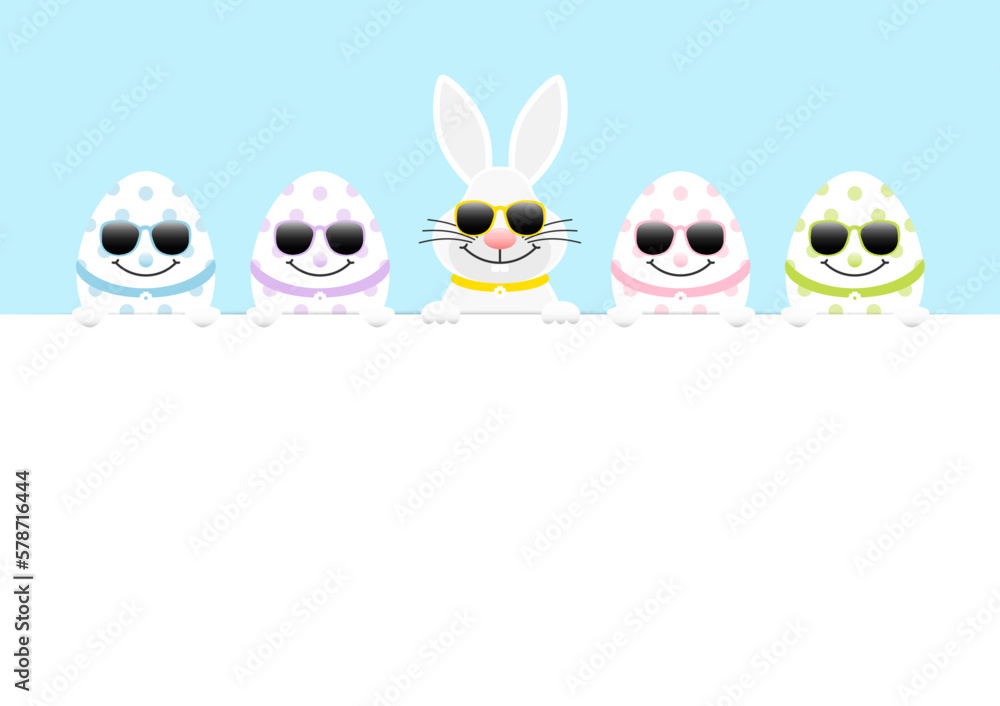 Obraz premium Weißer Osterhase & 4 Ostereier Sonnenbrille Karte Horizontal Himmel