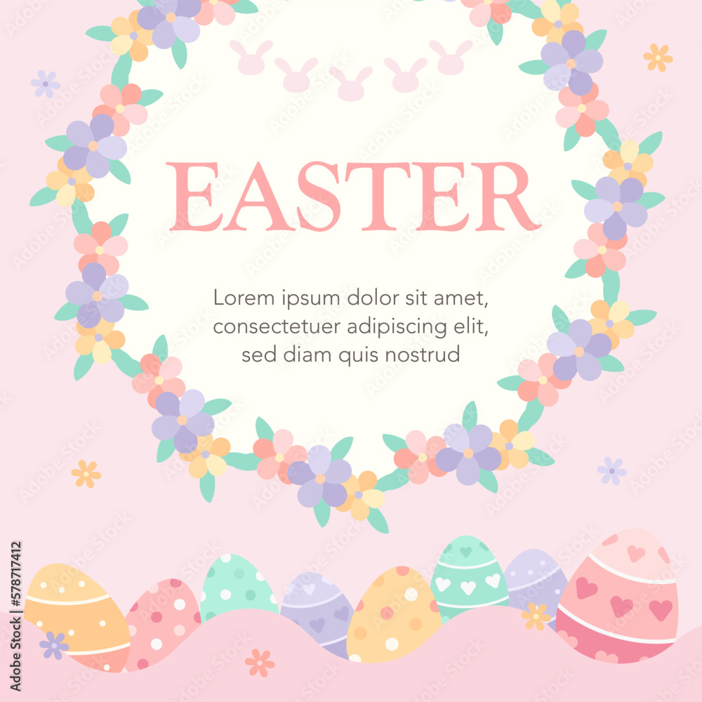 Spring season happy easter sweet pastel color greeting banner template with flower frame border, rabbit garland, painted eggs decoration, florals.