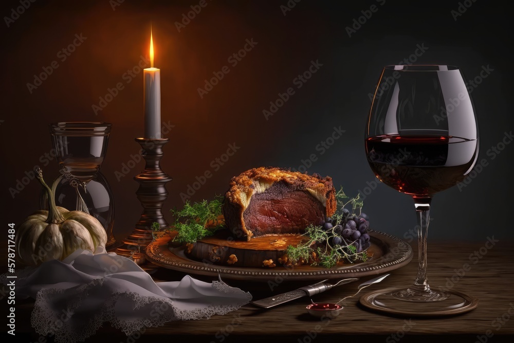 A glass of red wine and a gourmet meal. Generative AI A glass of red wine and a gourmet meal. Generative AI