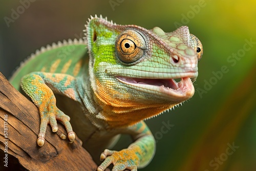 The chamaeleon (chamaeleo calyptratus) is shown here in an up close and cheerful expression. Generative AI