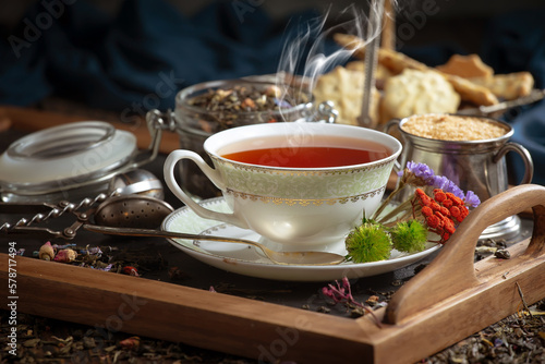 Hot sweet tea in a cup on old background