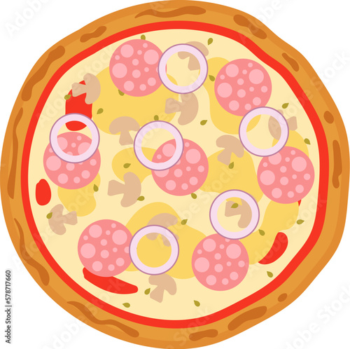 Tasty pizza with salami ingredients and onion flat illustration