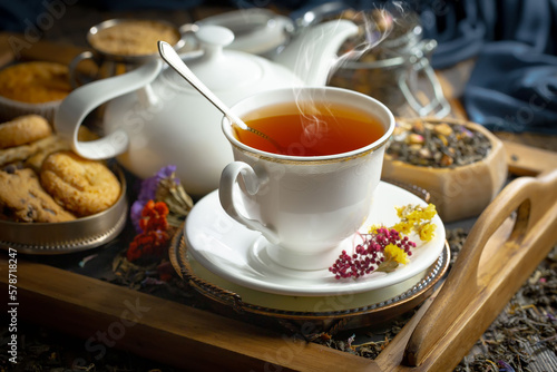 Sweet, hot tea with dry tea leaves, on an old background.