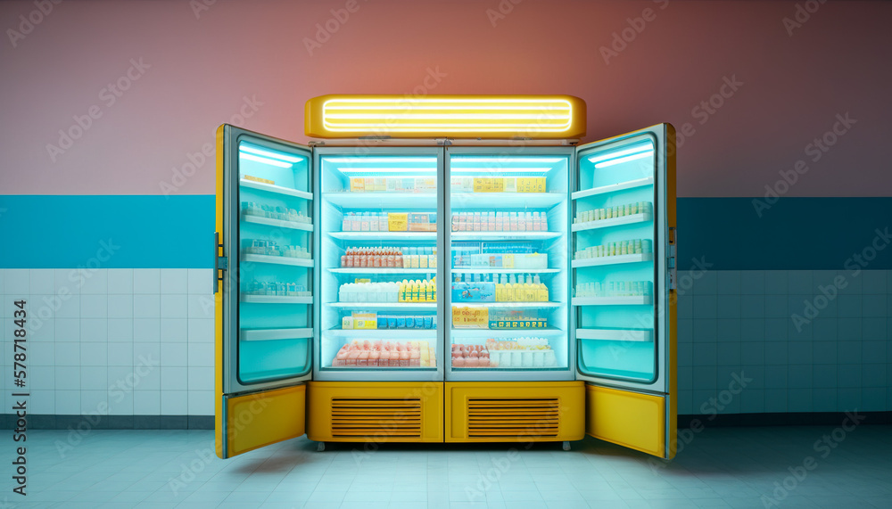 The cold display, A front view of a supermarket refrigerator, Generative AI The cold display, A front view of a supermarket refrigerator, Generative AI