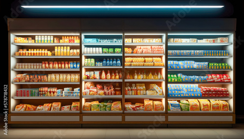 Cold and Ready, The Well Stocked Front View of a Supermarket Refrigerator, Generative AI