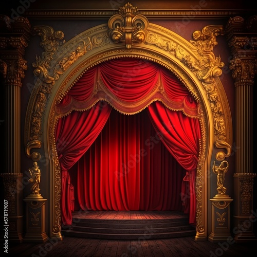 a theater with a red curtain and a stage with a red curtain and a red curtain and a gold trim around the seats and a gold framed doorway with a red curtain and gold trim bell event Generative AI 