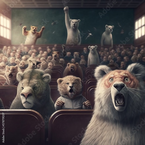 animals are cheering on a match in the auditorium they protest meeting  wonder with their mouths hanging open riot rebel movie theater lion bear bunny raised hands no protected species Generative AI photo