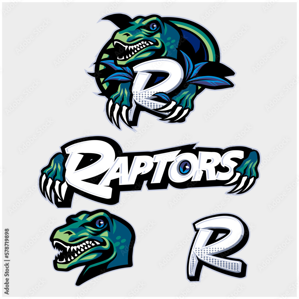 Fototapeta premium Raptors Logo Set with Jungle Raptors, Claw, and 'R' Logo Type