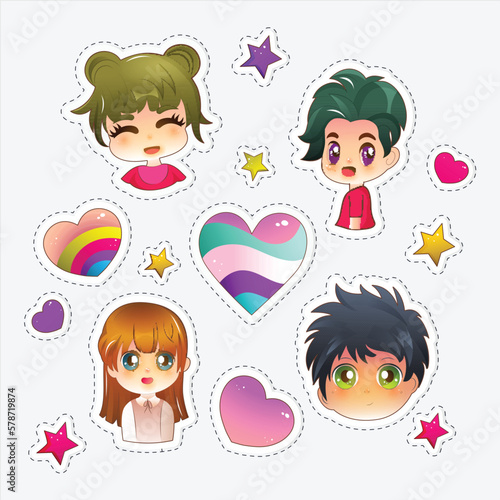 Set of Cute Girls And Boys Character With Heart Shapes  Stars In Sticker Style.