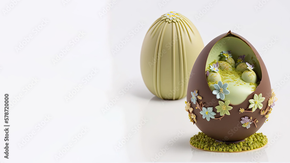 Green Flowers Decorative Egg And Copy Space. Easter Concept.