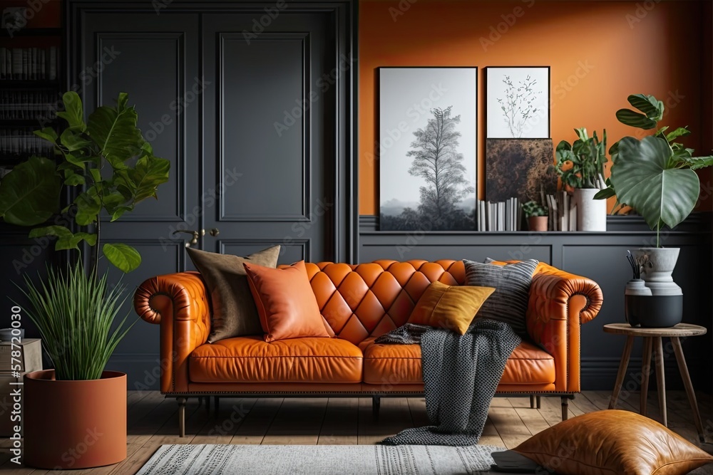 Orange leather sofa in a minimally decorated, two toned room in the Nordic style. Generative AI