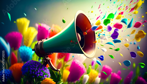 Colorful background with colorful flower and megaphone. Generative AI.