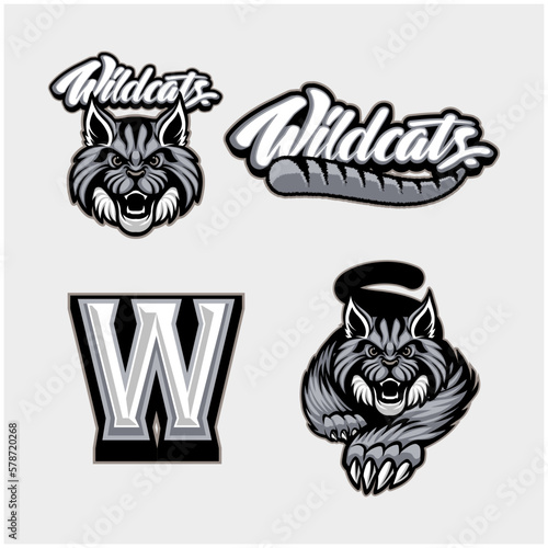 Wildcats Logo Set with Aggressive Wildcat Mascot and Various Logo Types