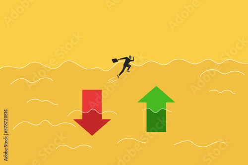 Businessman jump from red down arrow to green rising up. concept of Financial plan, investment, stock market, opportunity and economic recovery