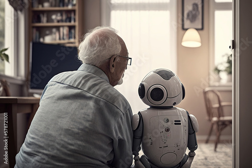 Elderly man talking at home with a robot assistant , concept of Elderly Care and Robotics Technology, created with Generative AI technology photo