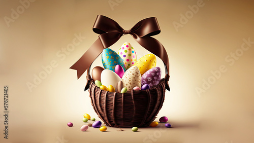 3D Render of Easter Eggs Basket With Brown Silk Ribbon Against Shiny Golden Background And Copy Space. Happy Easter Day Concept. photo