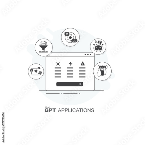 GPT applications concept with icons. Dialogue Generation, Sentiment Analysis, Content Generation, Language Translation, Virtual assistants, Vector illustration in a colorful minimal line style