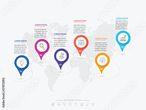 Navigation Location PowerPoint Template With Business Icons And 6 Options On World Map. photo