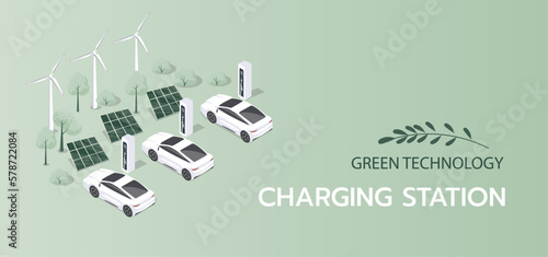 Horizontal banner with electric cars at charging stations and with solar pannels and windmill.The concept of charging an electric cars. Isolated vector illustration electric vehicle. photo
