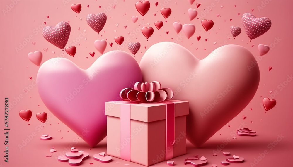 Heart shaped box and balloon, pink background, gift box, Generative AI