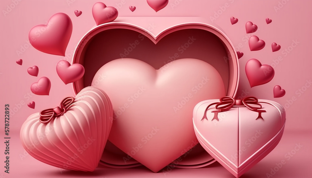 Heart shaped box and balloon, pink background, Generative AI