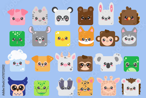 Fototapeta Naklejka Na Ścianę i Meble -  Cute square animal faces. Cartoon heads of characters. Set icons of cat, panda, pig, owl and crocodile. Minimal simple design. Vector illustration