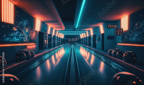  a bowling alley with neon lights and bowling balls on the floor.  generative ai