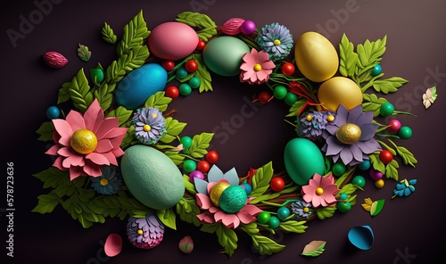 a floral wreath made of eggs and flowers on a dark background.  generative ai