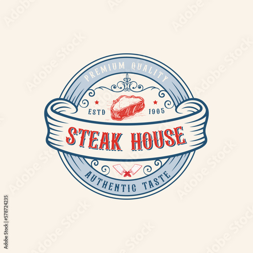The Steak House Abstract Vintage Vector Emblem, Label or Logo Template. Meat with a Lightning Concept Illustration, Retro Print Effect, Typography and Shabby Texture. Isolated.