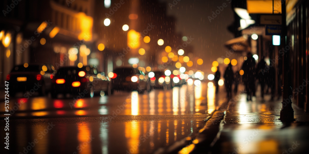 boulevard urbain la nuit sous la pluie, effet bokeh, couleurs chaudes