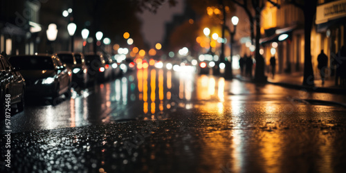 Canvas Print boulevard urbain la nuit sous la pluie, effet bokeh, couleurs chaudes