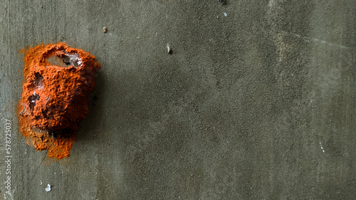 Mysterious orange cocoon pupa attached to gray cement wall, empty space for design and text, natural wallpaper, horizontal view