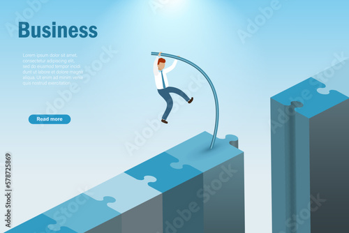 Business crisis struggling on disruption and risk management. Businessman use pole vaulting across jigsaw abyss. Business fight for disruption. Vector.