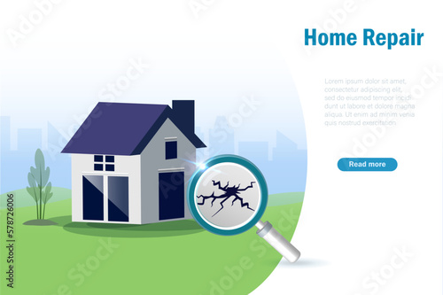 Home repair service and house renovation concept. Magnifying glass detect cracked, damaged panel on house. Vector.