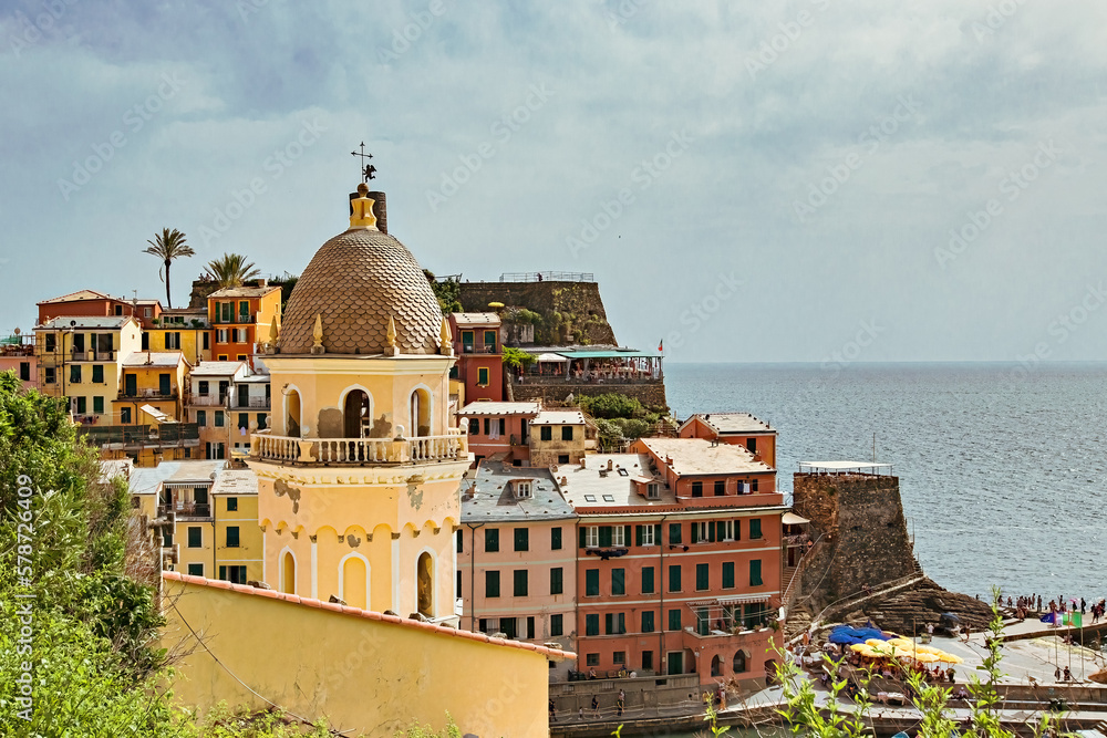 Santa Margherita di Antiochia church and aerial view of Vernazza Italy